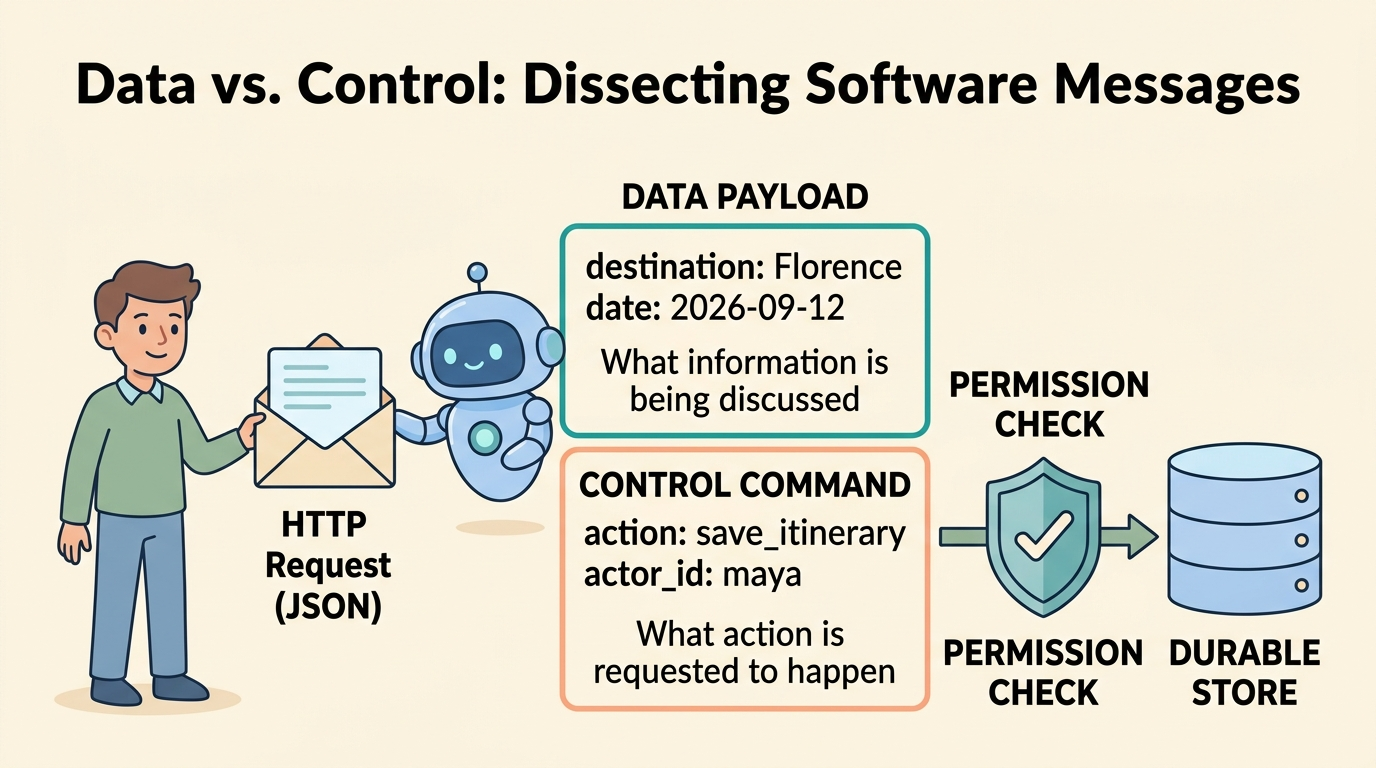 A labeled cartoon architecture diagram titled 'Data vs. Control: Dissecting Software Messages'. A user sends an HTTP Request envelope. A cute blue robot helper inspects the message and separates it into a teal Data Payload containing destination Florence and date 2026-09-12, and a pastel orange Control Command containing action save_itinerary and actor_id maya. The control command passes through a Permission Check gate before allowing data to be written into a Durable Store.