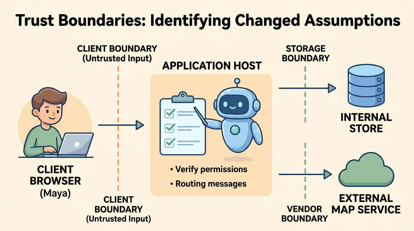A labeled cartoon architecture diagram titled 'Trust Boundaries: Identifying Changed Assumptions'. On the left, a user at a laptop labeled Client Browser (Maya) sends a request across an orange dashed Client Boundary (Untrusted Input). In the center, an Application Host box features a cute blue robot verifying permissions and routing messages. On the right, two separate paths cross dashed lines: an upper path across a Storage Boundary to an Internal Store database cylinder, and a lower path across a Vendor Boundary to an External Map Service cloud.
