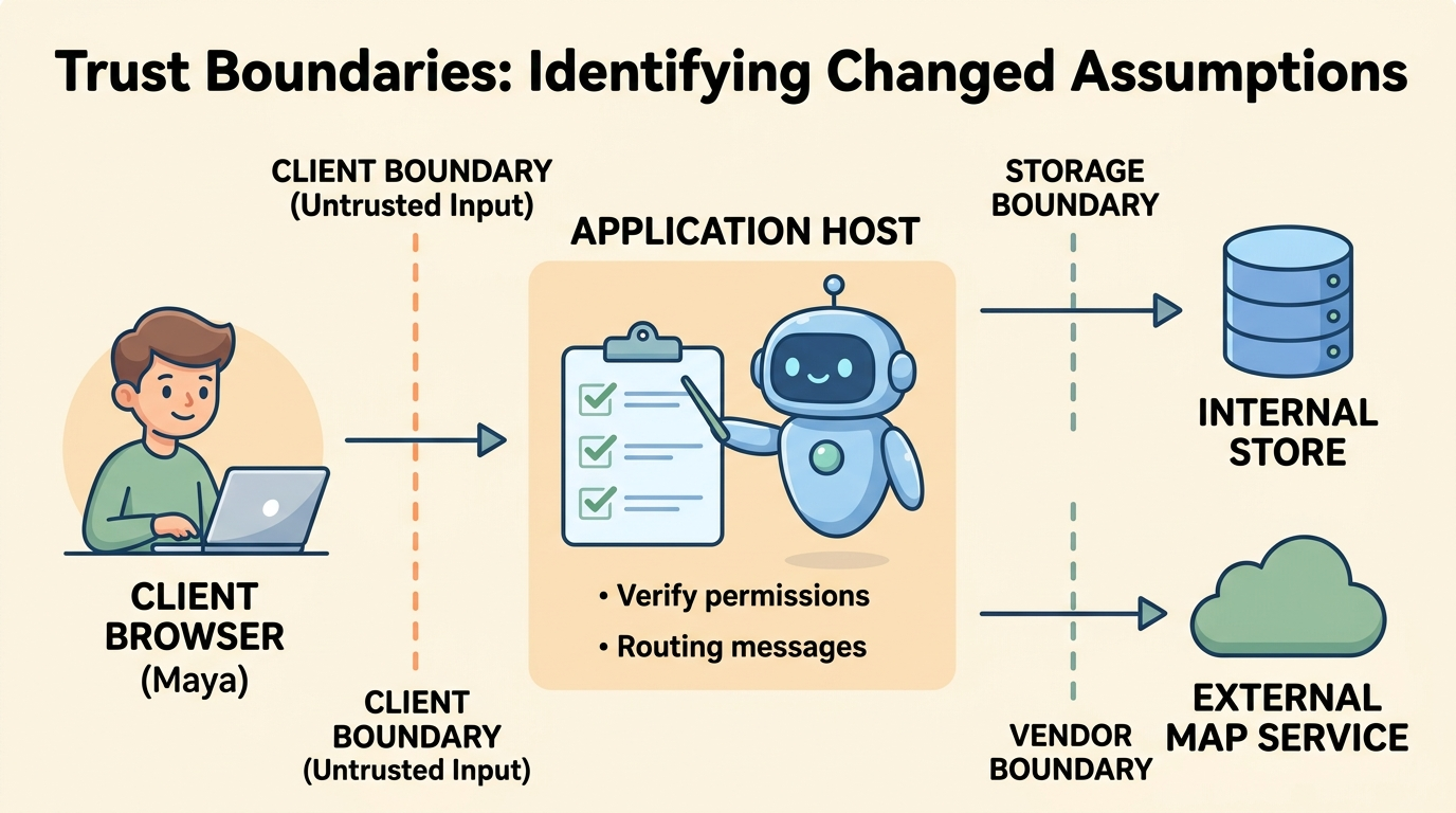 A labeled cartoon architecture diagram titled 'Trust Boundaries: Identifying Changed Assumptions'. On the left, a user at a laptop labeled Client Browser (Maya) sends a request across an orange dashed Client Boundary (Untrusted Input). In the center, an Application Host box features a cute blue robot verifying permissions and routing messages. On the right, two separate paths cross dashed lines: an upper path across a Storage Boundary to an Internal Store database cylinder, and a lower path across a Vendor Boundary to an External Map Service cloud.