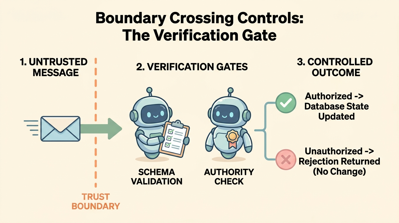 A labeled cartoon architecture diagram titled 'Boundary Crossing Controls: The Verification Gate'. On the left, an untrusted message envelope crosses a vertical dashed trust boundary line. In the center, two cute robot inspectors represent verification gates: one verifying schema validation and the second verifying an authority check. On the right, controlled outcomes show an authorized path leading to database state updates and an unauthorized path returning a rejection without changing state.