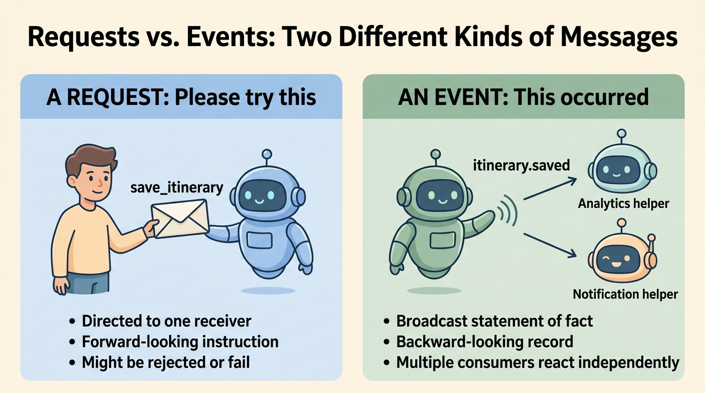 A labeled cartoon comparison diagram titled 'Requests vs. Events: Two Different Kinds of Messages'. On the left, a blue panel labeled 'A REQUEST: Please try this' shows a user handing a single envelope to a blue robot receiver, with points noting it is directed, forward-looking, and may fail. On the right, a green panel labeled 'AN EVENT: This occurred' shows a green robot broadcasting a statement 'itinerary.saved' to separate analytics and notification worker robots, noting it is a broadcast backward-looking statement of fact.
