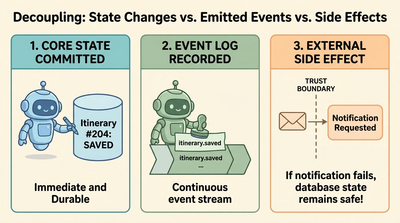 A labeled cartoon architecture diagram titled 'Decoupling: State Changes vs. Emitted Events vs. Side Effects'. Three outcome panels show: 1. Core State Committed (a blue robot writing to a database cylinder), 2. Event Log Recorded (a green robot stamping an event into a stream), and 3. External Side Effect (a message crossing a dashed trust boundary to an external notification service). A callout notes that if the external service fails, the database state remains safe.