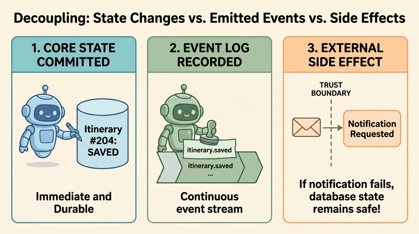 A labeled cartoon architecture diagram titled 'Decoupling: State Changes vs. Emitted Events vs. Side Effects'. Three outcome panels show: 1. Core State Committed (a blue robot writing to a database cylinder), 2. Event Log Recorded (a green robot stamping an event into a stream), and 3. External Side Effect (a message crossing a dashed trust boundary to an external notification service). A callout notes that if the external service fails, the database state remains safe.