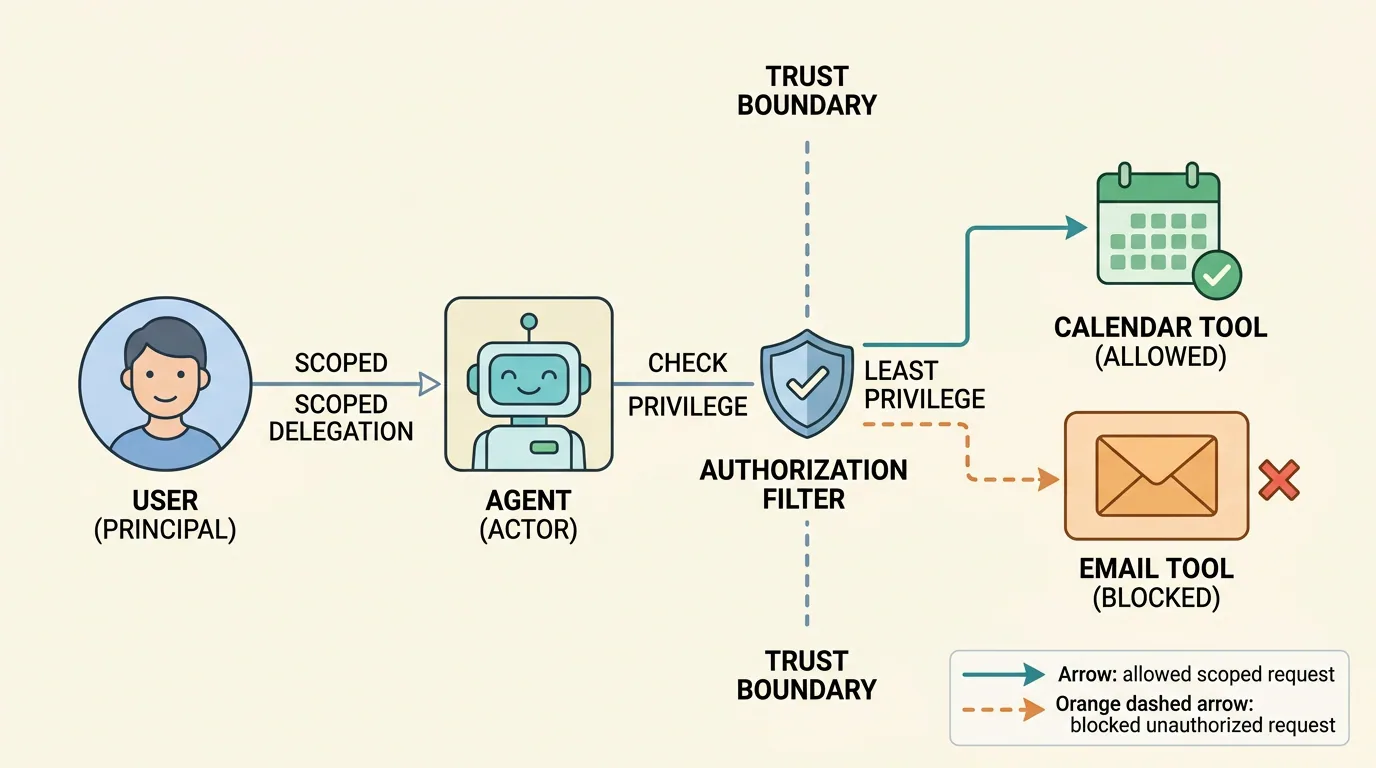 A labeled workflow diagram showing a user labeled Principal delegating scoped authority to an agent labeled Actor. The agent sends requests across a trust boundary through an authorization filter enforcing least privilege, allowing calendar write access while blocking unauthorized email access.