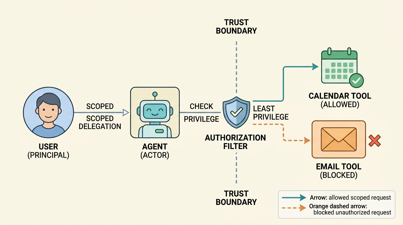 A labeled workflow diagram showing a user labeled Principal delegating scoped authority to an agent labeled Actor. The agent sends requests across a trust boundary through an authorization filter enforcing least privilege, allowing calendar write access while blocking unauthorized email access.