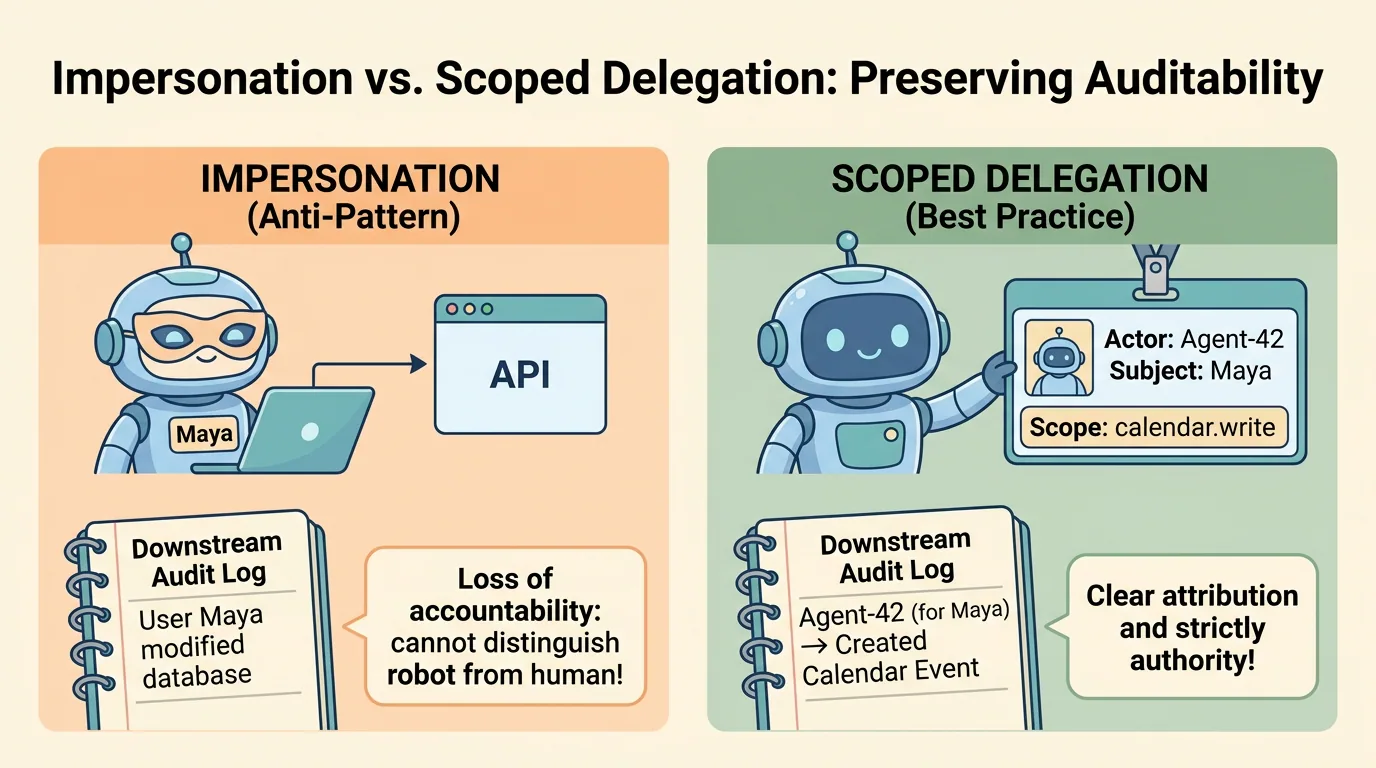 A labeled cartoon comparison diagram titled 'Impersonation vs. Scoped Delegation: Preserving Auditability'. On the left, an orange panel shows Impersonation as an anti-pattern: a robot wears a disguise mask of user Maya, causing audit logs to attribute changes solely to Maya. On the right, a sage green panel shows Scoped Delegation as best practice: a cute robot presents a dual-identity badge with distinct actor and subject identifiers along with scoped permissions, ensuring audit logs cleanly attribute agent actions.