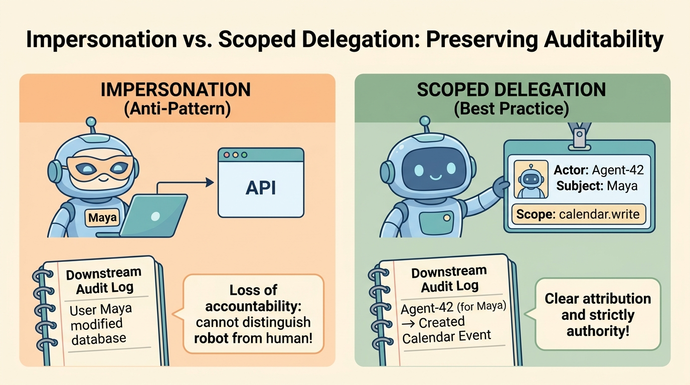 A labeled cartoon comparison diagram titled 'Impersonation vs. Scoped Delegation: Preserving Auditability'. On the left, an orange panel shows Impersonation as an anti-pattern: a robot wears a disguise mask of user Maya, causing audit logs to attribute changes solely to Maya. On the right, a sage green panel shows Scoped Delegation as best practice: a cute robot presents a dual-identity badge with distinct actor and subject identifiers along with scoped permissions, ensuring audit logs cleanly attribute agent actions.