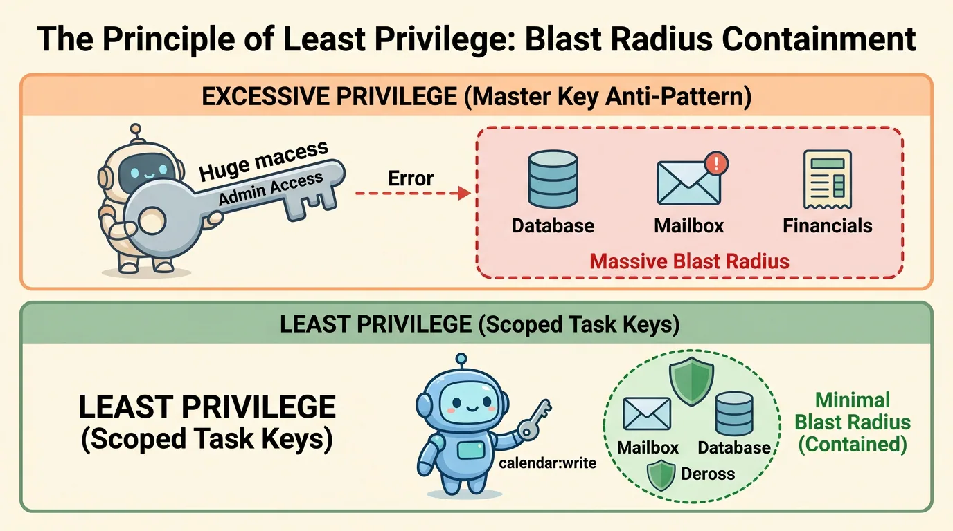 A labeled cartoon architecture diagram titled 'The Principle of Least Privilege: Blast Radius Containment'. The top panel illustrates excessive privilege: a robot wielding a master admin key creates a massive uncontained blast radius across database, mailbox, and financials upon error. The bottom panel illustrates least privilege: a cute blue robot holds only a scoped calendar write key, keeping all other services safely protected behind security shields with a minimal contained blast radius.