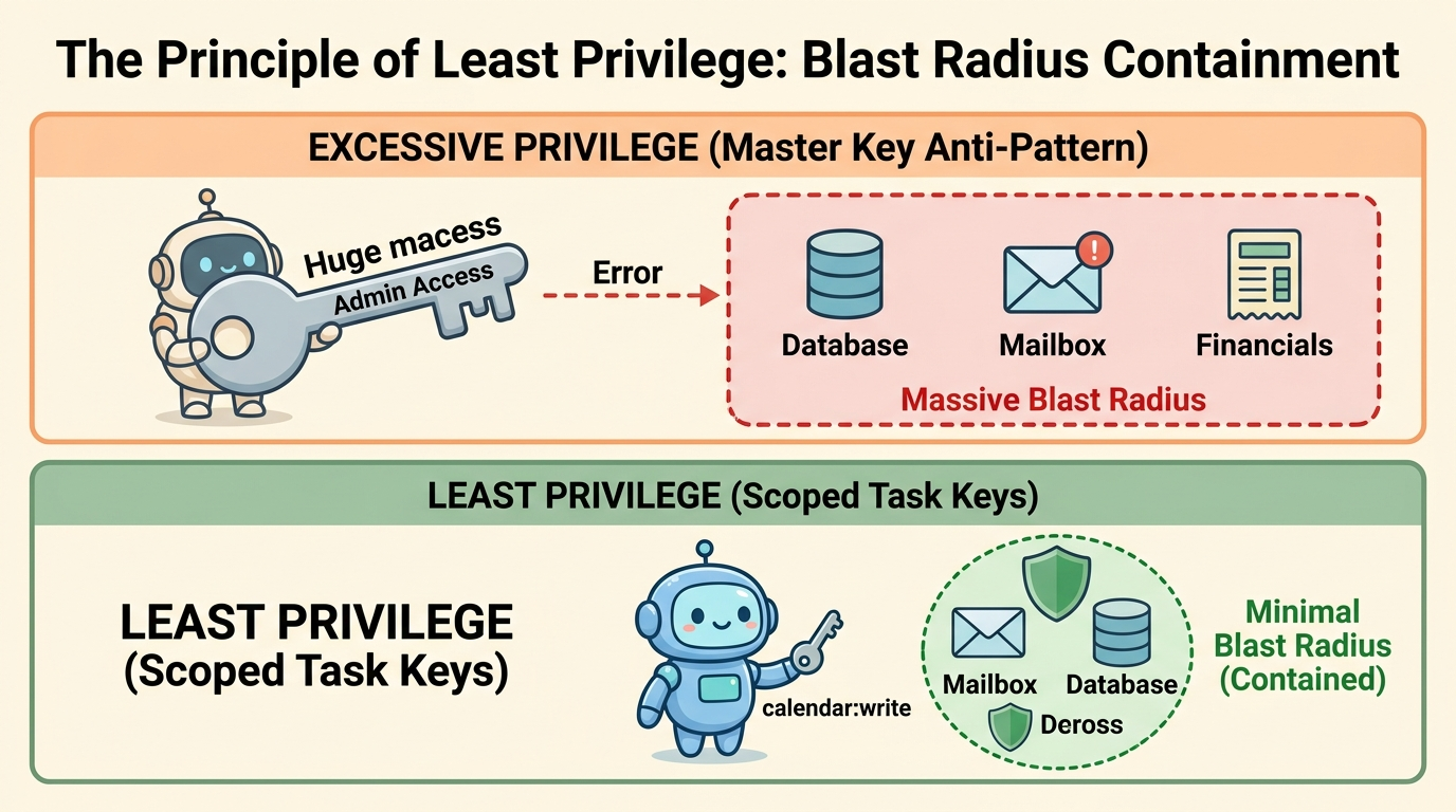 A labeled cartoon architecture diagram titled 'The Principle of Least Privilege: Blast Radius Containment'. The top panel illustrates excessive privilege: a robot wielding a master admin key creates a massive uncontained blast radius across database, mailbox, and financials upon error. The bottom panel illustrates least privilege: a cute blue robot holds only a scoped calendar write key, keeping all other services safely protected behind security shields with a minimal contained blast radius.