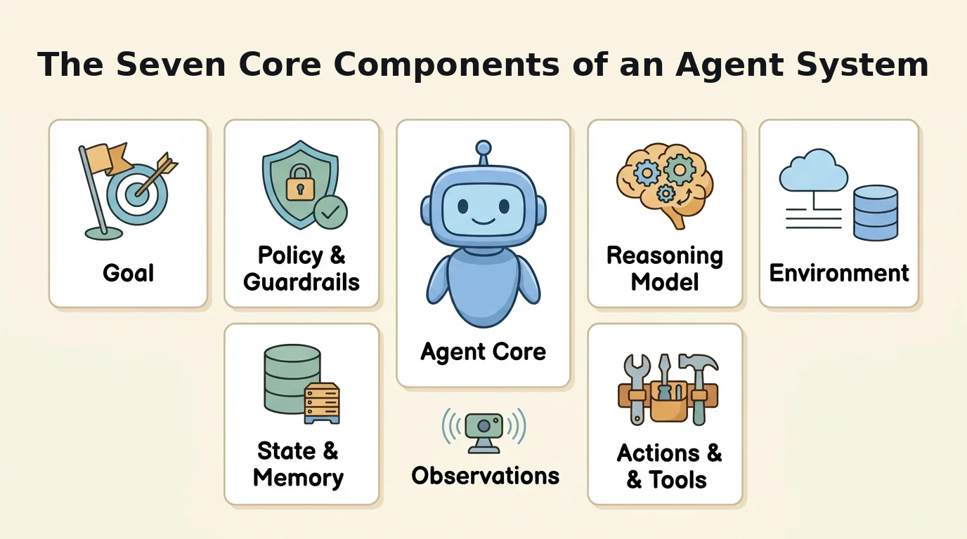 A labeled cartoon architecture diagram titled 'The Seven Core Components of an Agent System'. A central cute blue robot labeled Agent System is surrounded by seven modular component cards: 1. Goal (target objective), 2. Policy and Guardrails (protective shield), 3. Reasoning Model (cognitive engine), 4. Environment (APIs, files, databases), 5. Actions and Tools (tool belt), 6. Observations (feedback sensor), and 7. State and Memory (database cylinder and context history).