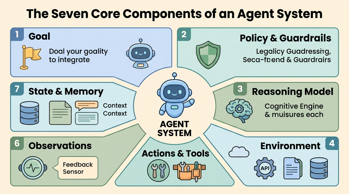 A labeled cartoon architecture diagram titled 'The Seven Core Components of an Agent System'. A central cute blue robot labeled Agent System is surrounded by seven modular component cards: 1. Goal (target objective), 2. Policy and Guardrails (protective shield), 3. Reasoning Model (cognitive engine), 4. Environment (APIs, files, databases), 5. Actions and Tools (tool belt), 6. Observations (feedback sensor), and 7. State and Memory (database cylinder and context history).