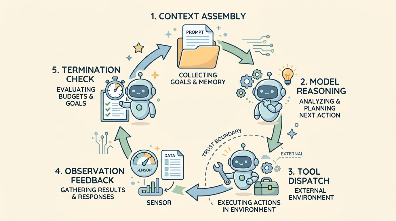 A circular 5-step cartoon infographic diagram showing the cyclic agent loop: 1. Context Assembly, 2. Model Reasoning, 3. Tool Dispatch crossing a trust boundary, 4. Observation Feedback, and 5. Termination Check.