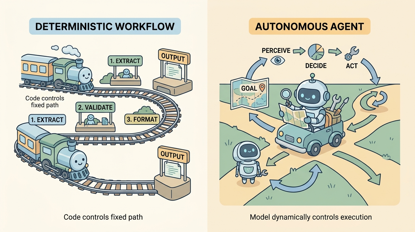 A side-by-side cartoon comparison diagram showing a deterministic workflow as a friendly train following fixed tracks and stations (1. Extract, 2. Validate, 3. Format) on the left, and an autonomous agent as a cute robot driving a small vehicle dynamically navigating paths with tools, goals, and feedback loops on the right.