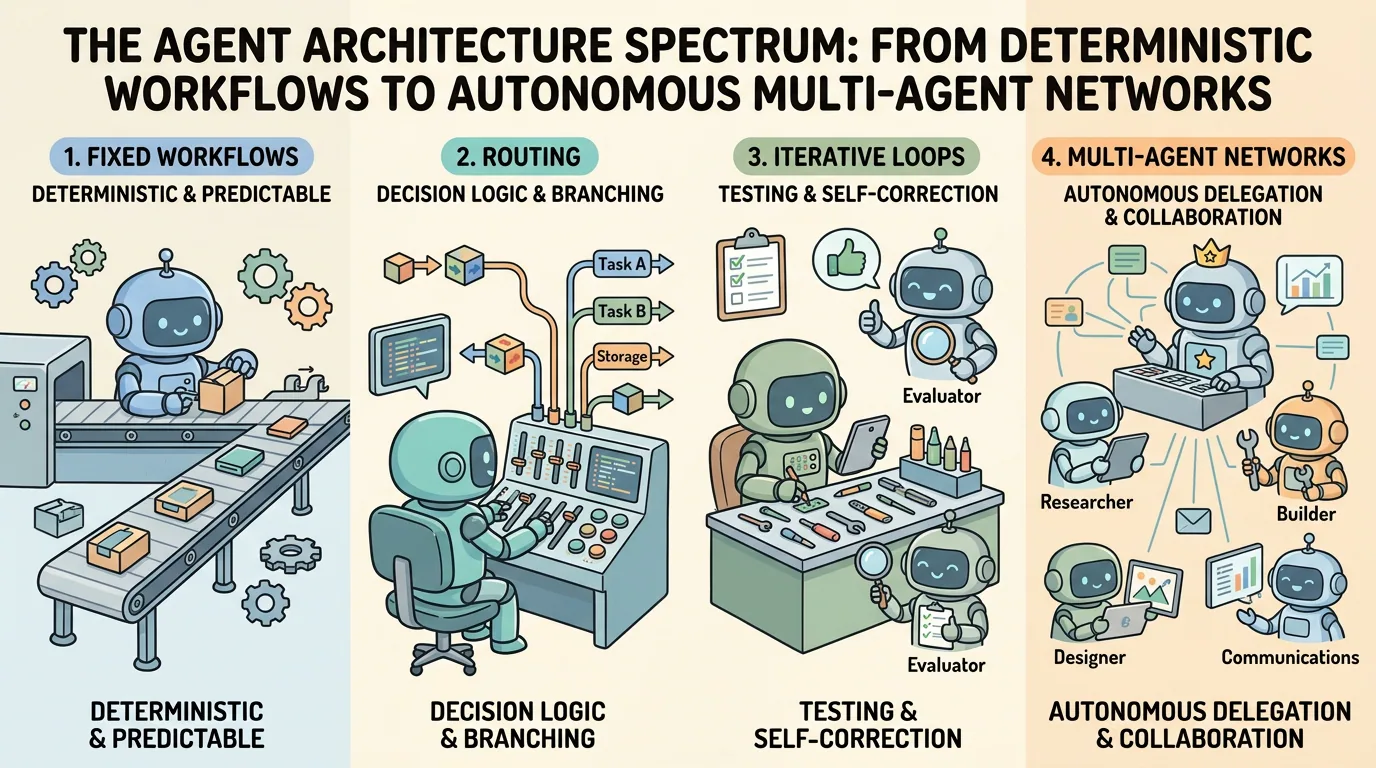 A wide educational cartoon illustration showing four horizontal panels representing the agent architecture spectrum: Panel 1 shows a blue robot on a fixed conveyor belt for deterministic pipelines; Panel 2 shows a green robot at a switchboard routing tasks; Panel 3 shows an iterative loop with a robot testing tools and an evaluator robot checking quality; Panel 4 shows a supervisor robot delegating tasks to specialist worker robots.