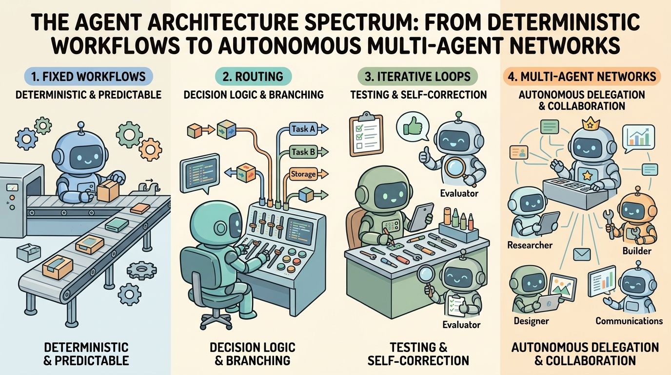 A wide educational cartoon illustration showing four horizontal panels representing the agent architecture spectrum: Panel 1 shows a blue robot on a fixed conveyor belt for deterministic pipelines; Panel 2 shows a green robot at a switchboard routing tasks; Panel 3 shows an iterative loop with a robot testing tools and an evaluator robot checking quality; Panel 4 shows a supervisor robot delegating tasks to specialist worker robots.
