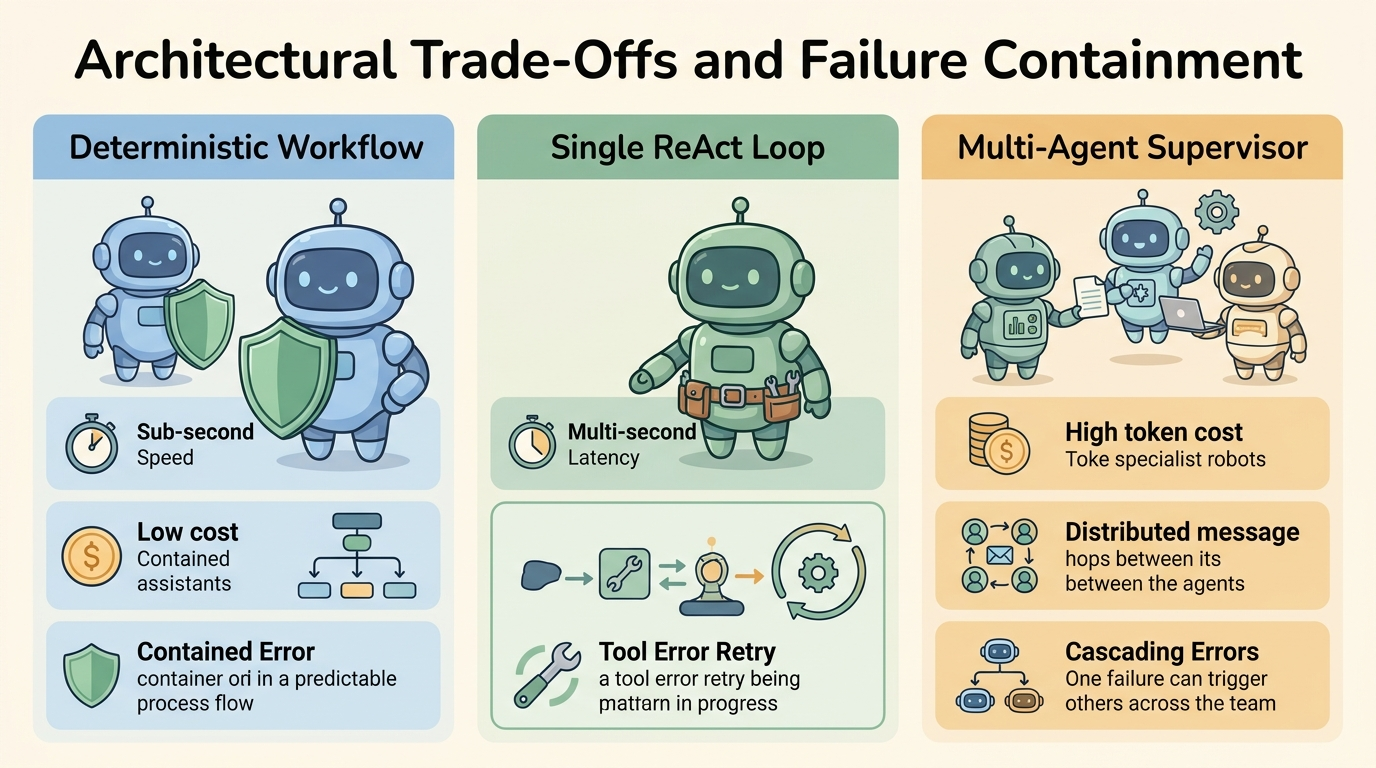 A cartoon comparison graphic showing three vertical columns comparing a Deterministic Workflow, a Single ReAct Loop, and a Multi-Agent Supervisor. Metrics for latency, cost, debuggability, and failure blast radius are displayed with cute robot characters and icons.