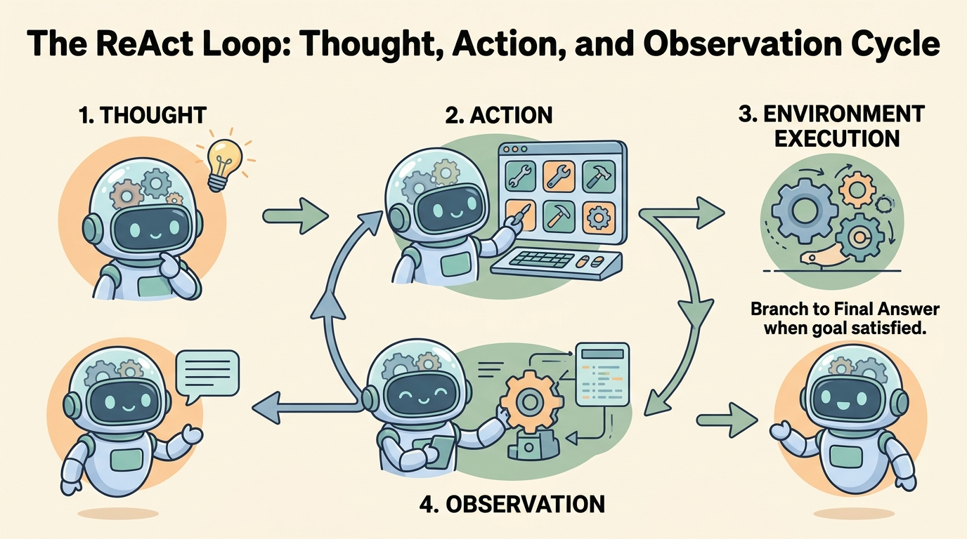 A wide educational cartoon illustration showing the cyclic ReAct loop with four steps: 1. Thought with a cute blue robot reasoning under a lightbulb; 2. Action with a robot selecting tools from a screen; 3. Environment Execution with gears processing the tool; 4. Observation with a robot receiving feedback into context. A green exit branch leads to Return Final Answer.