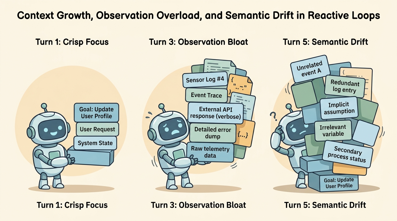 A wide educational cartoon diagram showing three stages of context growth: Turn 1 Crisp Focus with a small neat stack of goal blocks; Turn 3 Observation Bloat with heavy stacks of JSON and logs; Turn 5 Semantic Drift where a towering wobbly stack buries the original user goal under clutter, confusing the robot.