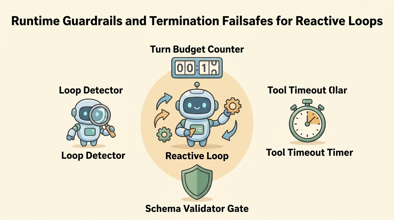 A wide educational cartoon illustration showing a central reactive loop robot surrounded by four host guardrails: Turn Budget Counter at top, Tool Timeout Timer on right, Schema Validator Gate at bottom, and Loop Detector on left.