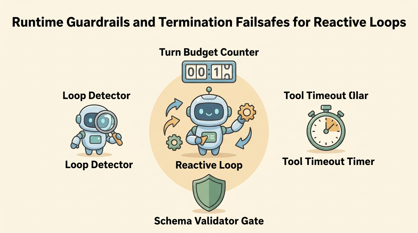 A wide educational cartoon illustration showing a central reactive loop robot surrounded by four host guardrails: Turn Budget Counter at top, Tool Timeout Timer on right, Schema Validator Gate at bottom, and Loop Detector on left.