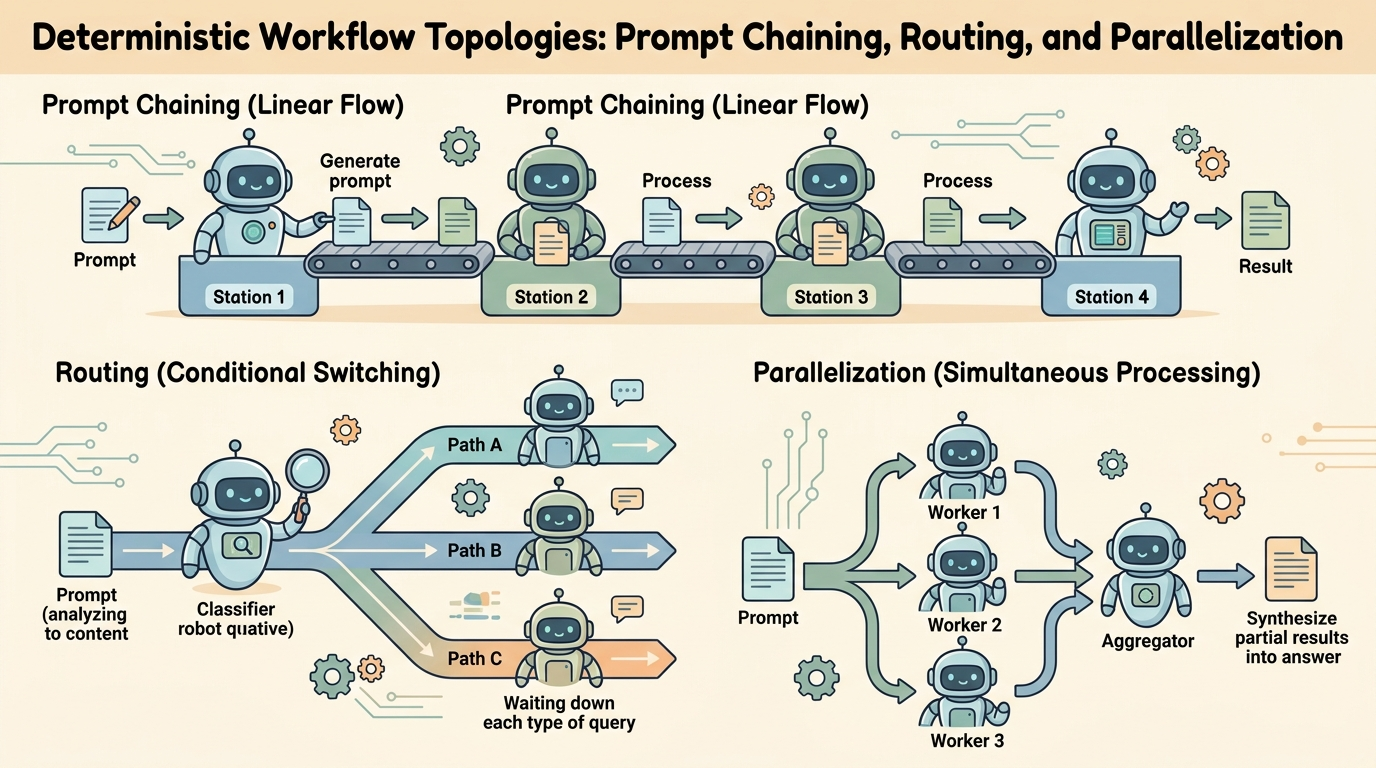 A wide educational cartoon illustration showing three workflow topologies: Top shows Prompt Chaining with linear robot assembly stations; Middle shows Routing with a classifier robot directing requests to specialized paths; Bottom shows Parallelization with three worker robots fanning out and merging into an aggregator robot.