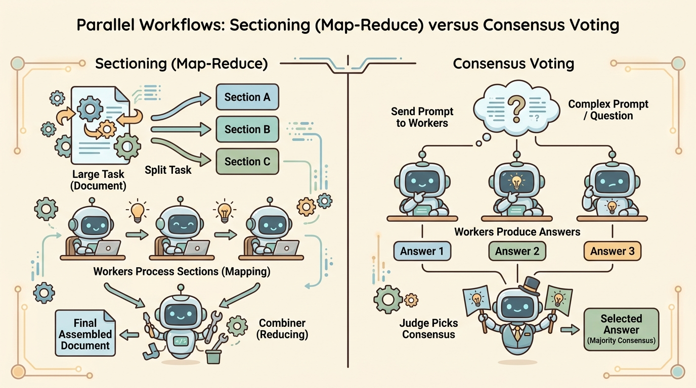 A wide educational cartoon comparison diagram showing two halves: Left half shows Sectioning (Map-Reduce) where a large document is split into 3 sections, processed by 3 worker robots, and merged by a combiner robot; Right half shows Consensus Voting where a single complex prompt is sent to 3 robots and a judge robot selects the majority answer.
