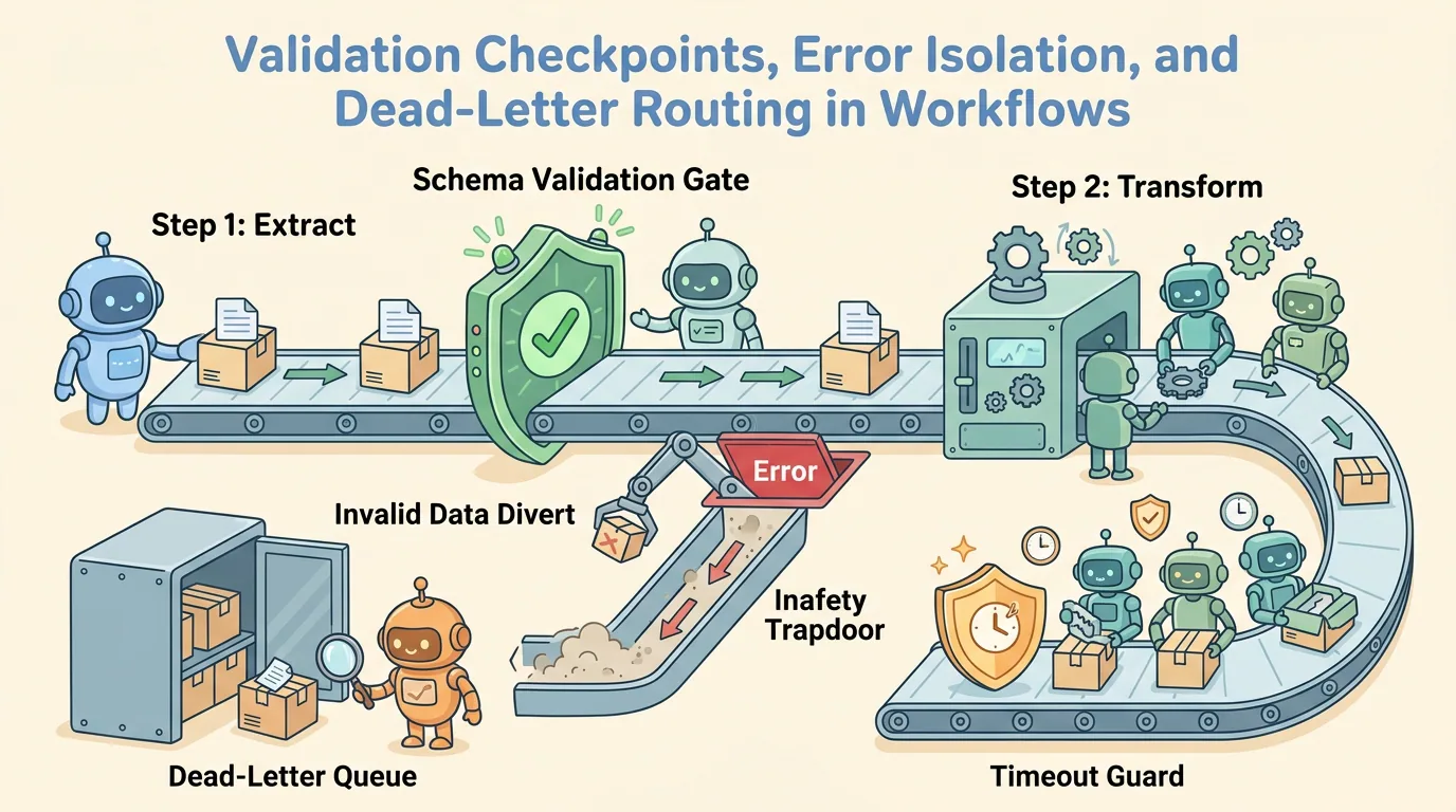 A wide educational cartoon illustration showing a conveyor workflow with Step 1 Extract passing through a green Schema Validation Gate. Valid data continues to Step 2 Transform; Invalid data is diverted down a safety trapdoor to a Dead-Letter Queue with an inspector robot. A Timeout Guard protects parallel workers.