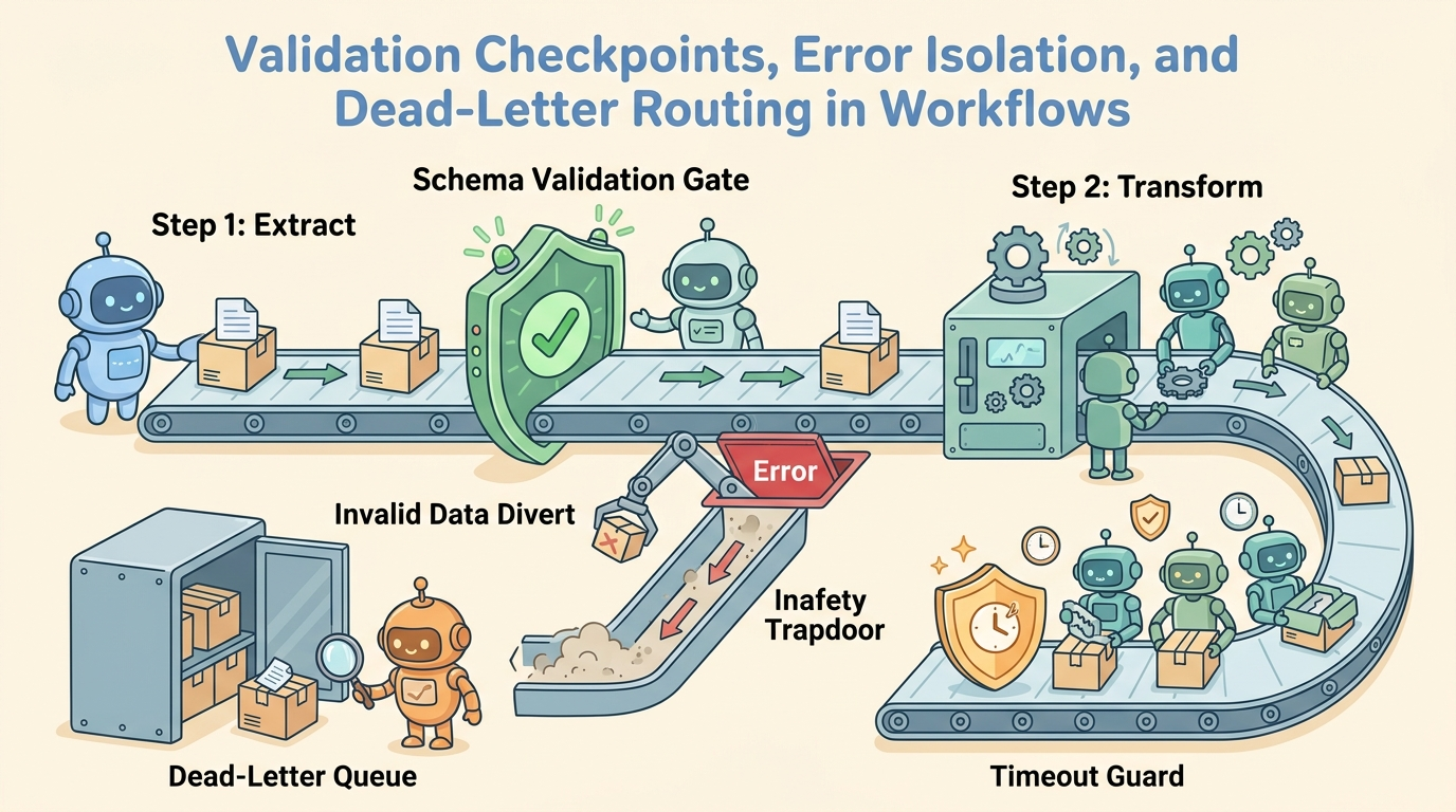 A wide educational cartoon illustration showing a conveyor workflow with Step 1 Extract passing through a green Schema Validation Gate. Valid data continues to Step 2 Transform; Invalid data is diverted down a safety trapdoor to a Dead-Letter Queue with an inspector robot. A Timeout Guard protects parallel workers.