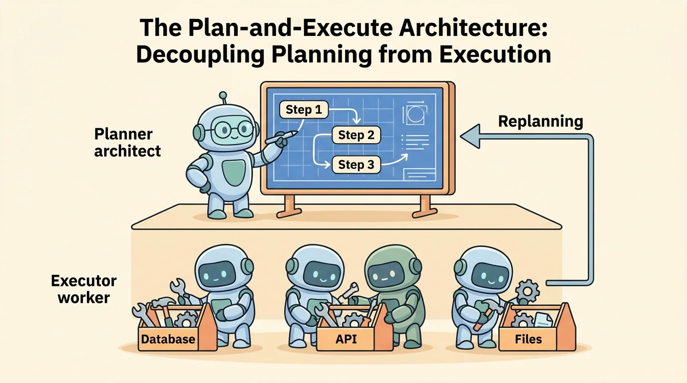 A wide educational cartoon illustration showing a two-tiered architecture: Top shows a Planner architect robot with glasses at a blueprint board with Step 1, Step 2, and Step 3; Bottom shows Executor worker robots using tool boxes to run steps against Database, API, and Files. A Replanning feedback arrow loops back to the Planner board.