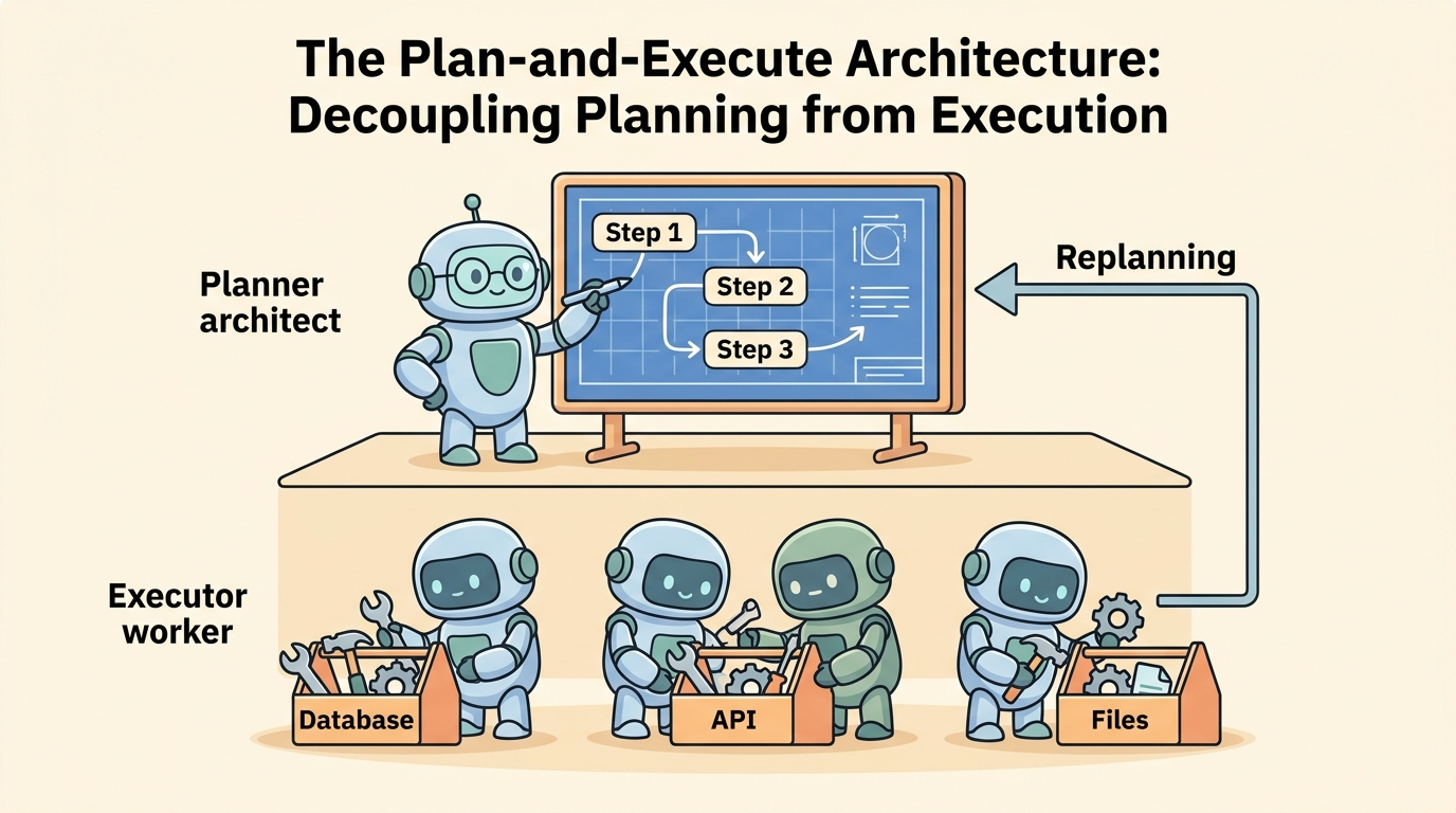 A wide educational cartoon illustration showing a two-tiered architecture: Top shows a Planner architect robot with glasses at a blueprint board with Step 1, Step 2, and Step 3; Bottom shows Executor worker robots using tool boxes to run steps against Database, API, and Files. A Replanning feedback arrow loops back to the Planner board.