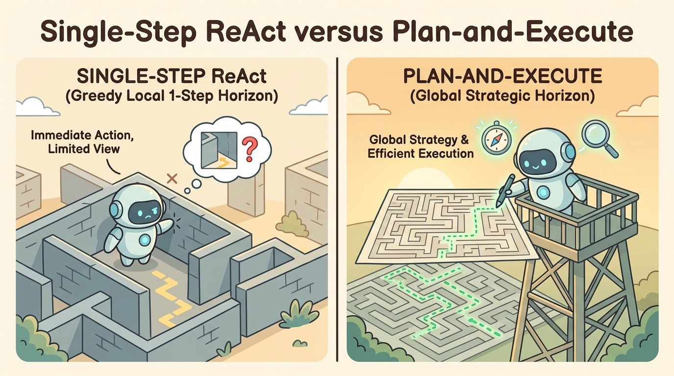 A wide educational cartoon comparison diagram showing two halves: Left half shows ReAct with a robot wandering in a maze, bumping into dead ends (greedy local 1-step horizon); Right half shows Plan-and-Execute with a robot standing on an observation tower viewing the maze map, drawing a green dotted path before navigating smoothly (global strategic horizon).