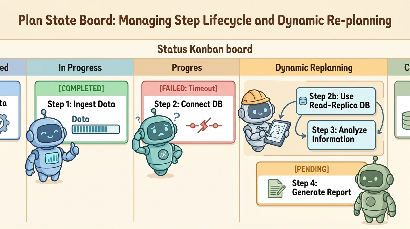 A wide educational cartoon illustration showing a status Kanban board with robot assistants: Step 1 Ingest Data marked [COMPLETED]; Step 2 Connect DB marked [FAILED: Timeout]; Dynamic Replanning shown with architect robot inserting Step 2b Use Read-Replica DB; Step 4 Generate Report marked [PENDING].