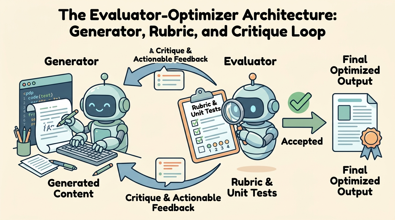 A wide educational cartoon illustration showing the Evaluator-Optimizer architecture: on the left, a cute blue robot Generator drafts code on a scroll; in the center, a green inspector robot Evaluator checks the draft against a Rubric & Unit Tests clipboard; a feedback arrow carries actionable critique back to the Generator; and an exit arrow leads to Final Optimized Output with a green checkmark badge.
