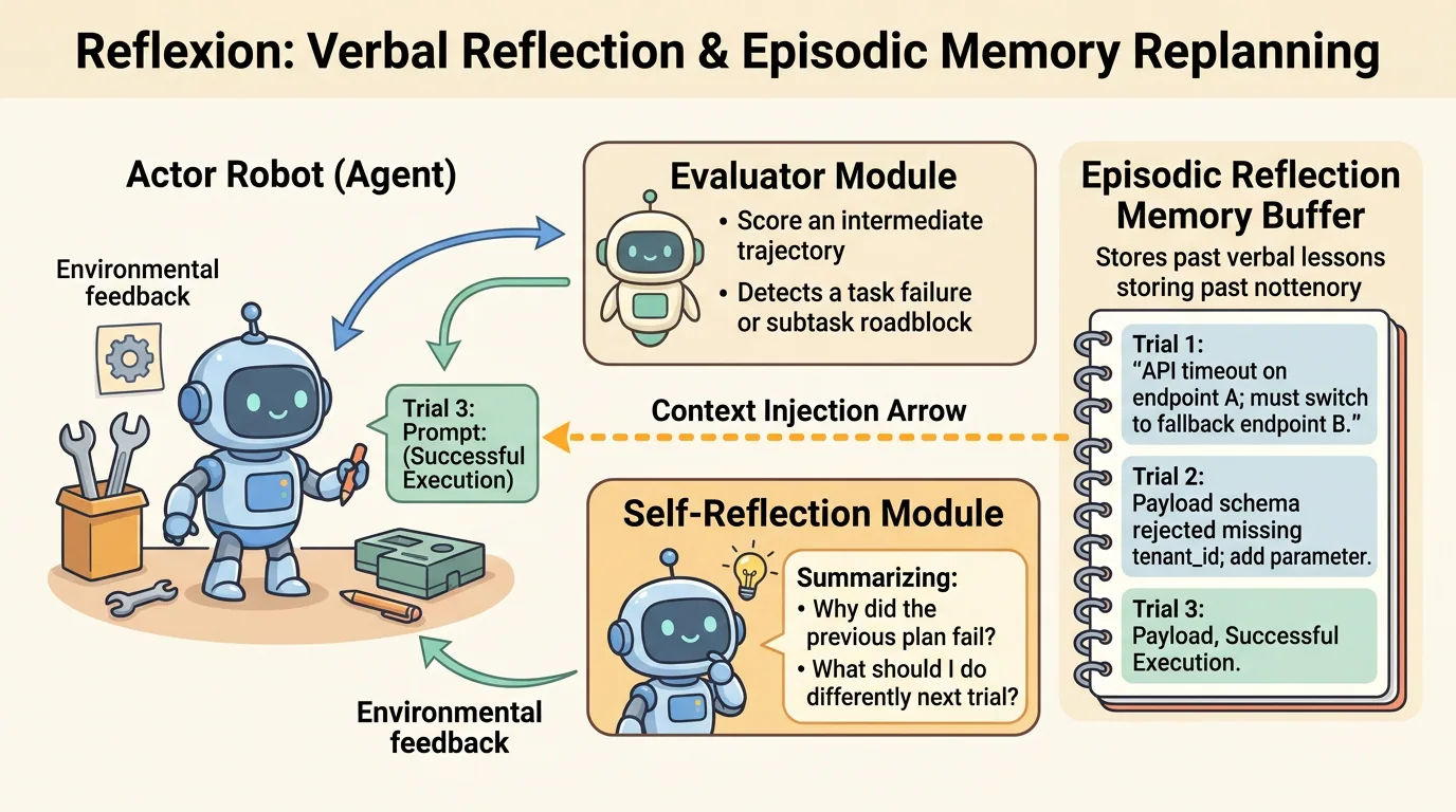 Figure 2: Reflexion Architecture and Episodic Memory Replanning