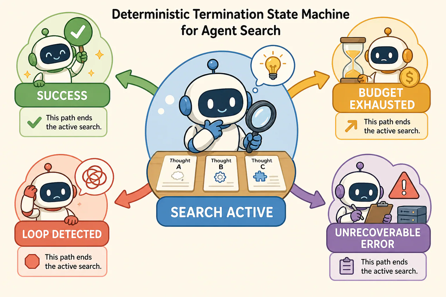 A search-active robot routes to one of four terminal outcomes: success, budget exhausted, loop detected, or unrecoverable error.
