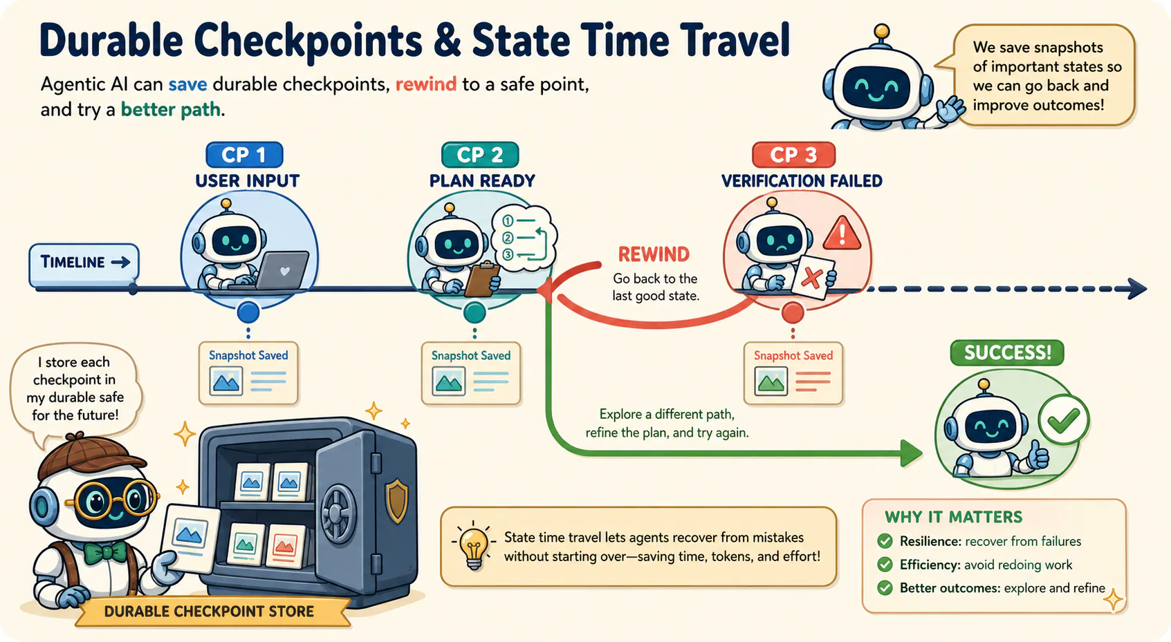 A checkpoint timeline rewinds from a verification failure and forks to an alternative successful path.