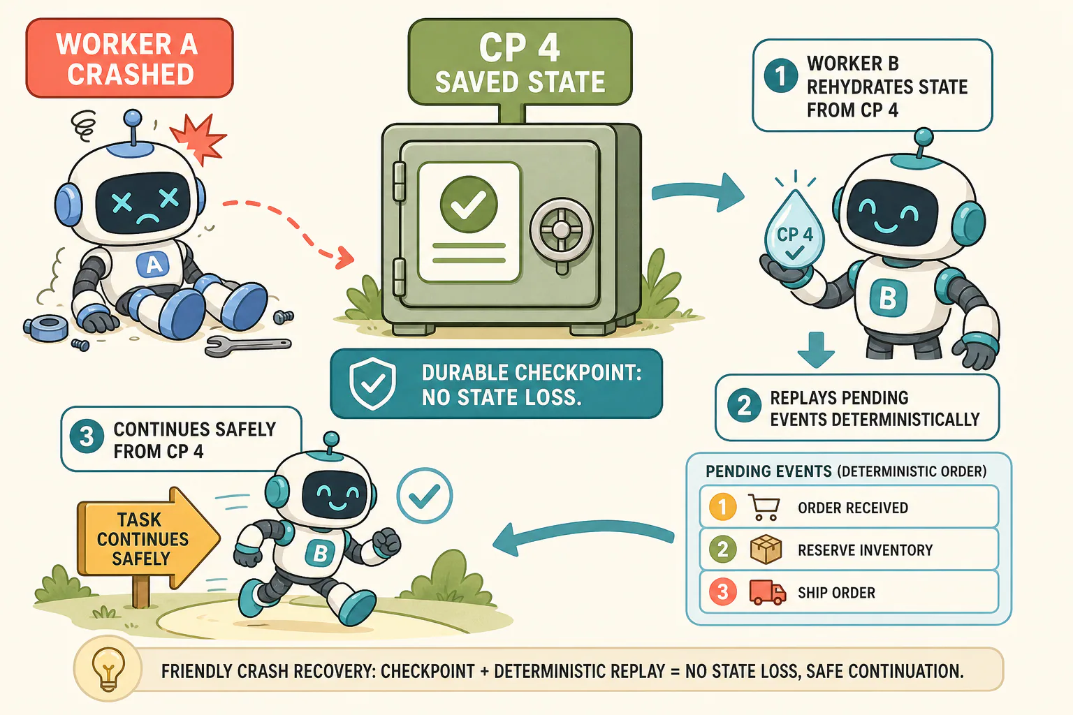 A crashed worker is replaced by a standby worker that reloads a durable checkpoint and replays pending events.
