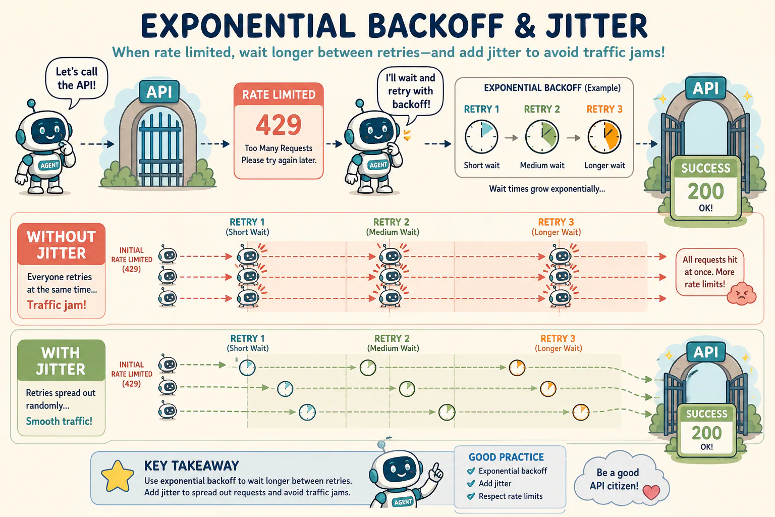 An agent uses spaced, jittered retries after rate limiting, avoiding the simultaneous traffic jam caused by fixed retry intervals.