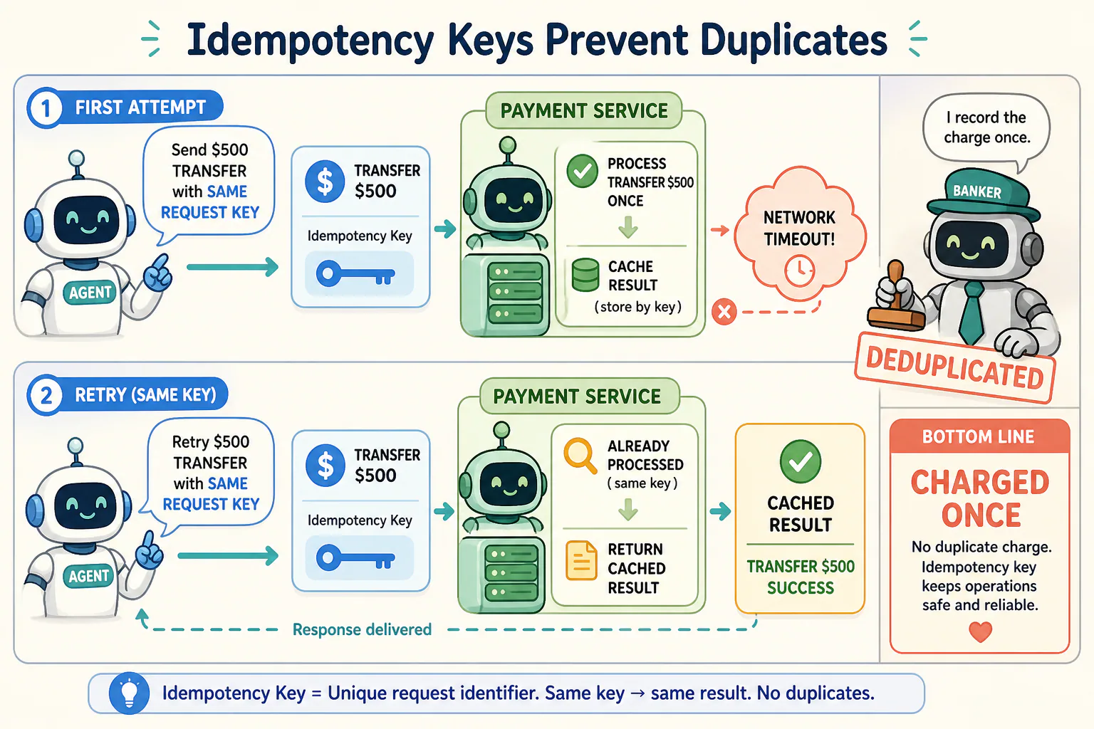 A transfer retry carries the same request key, allowing the service to return a cached result and charge only once.