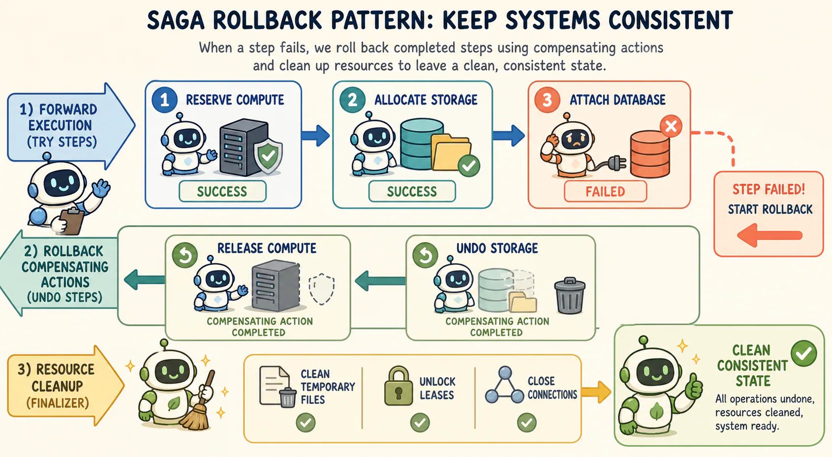A failed third workflow step triggers reverse-order rollback of the two successful resource-allocation steps, followed by cleanup.