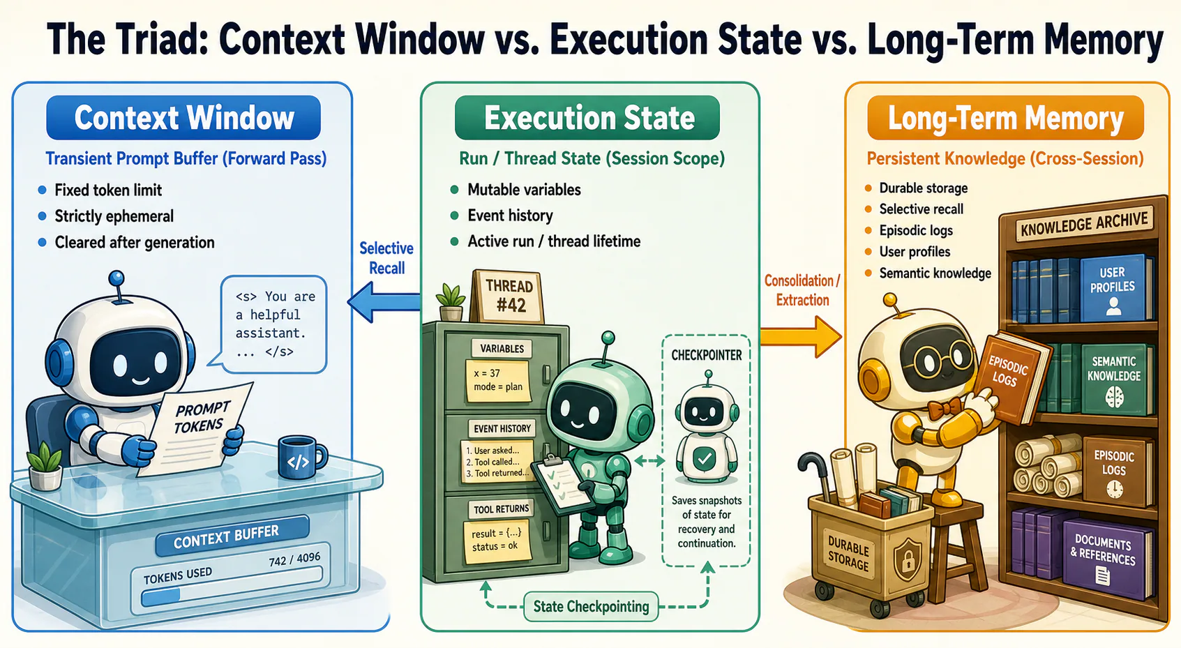 Figure 1: Context window, execution state, and long-term memory as three distinct architectural compartments
