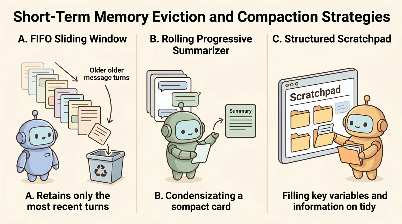 Figure 2: Three primary eviction and compaction strategies for short-term conversation history