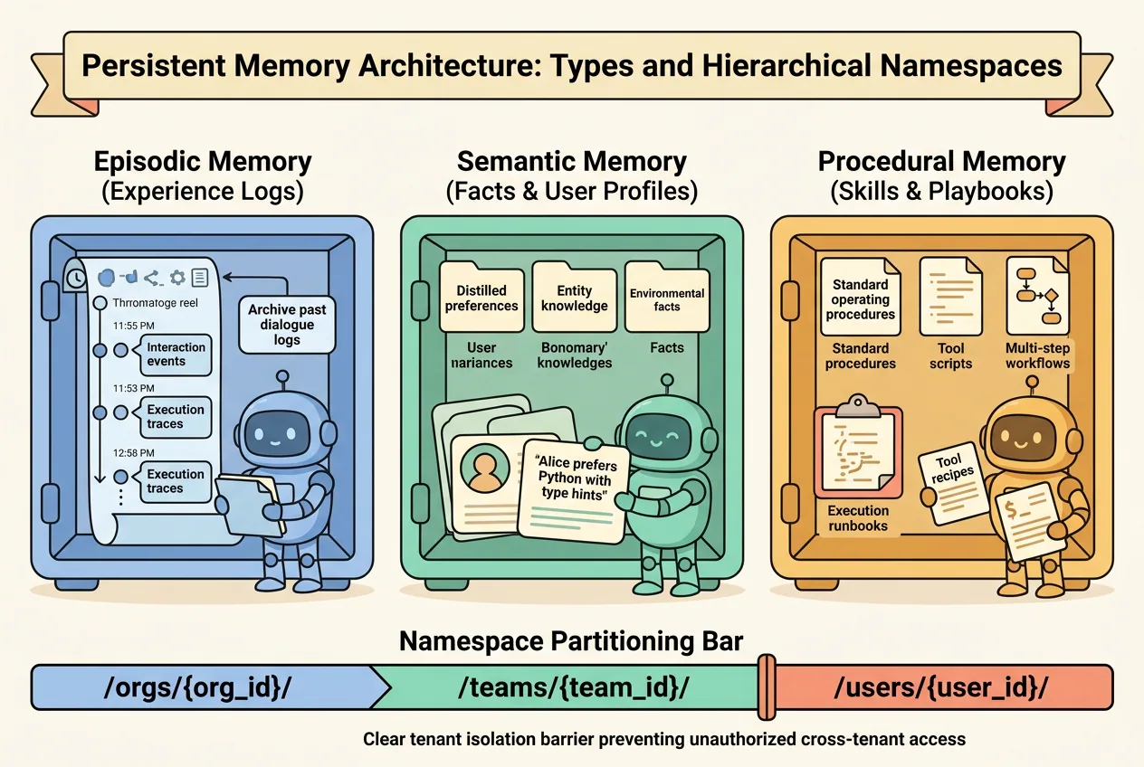 Persistent Memory Architecture shows episodic, semantic, and procedural vaults organized under hierarchical namespace paths.