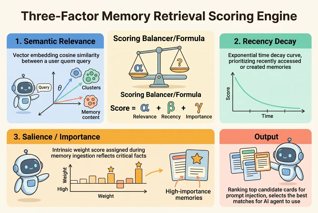 Three-factor memory retrieval scoring engine balances semantic relevance, recency decay, and intrinsic salience.