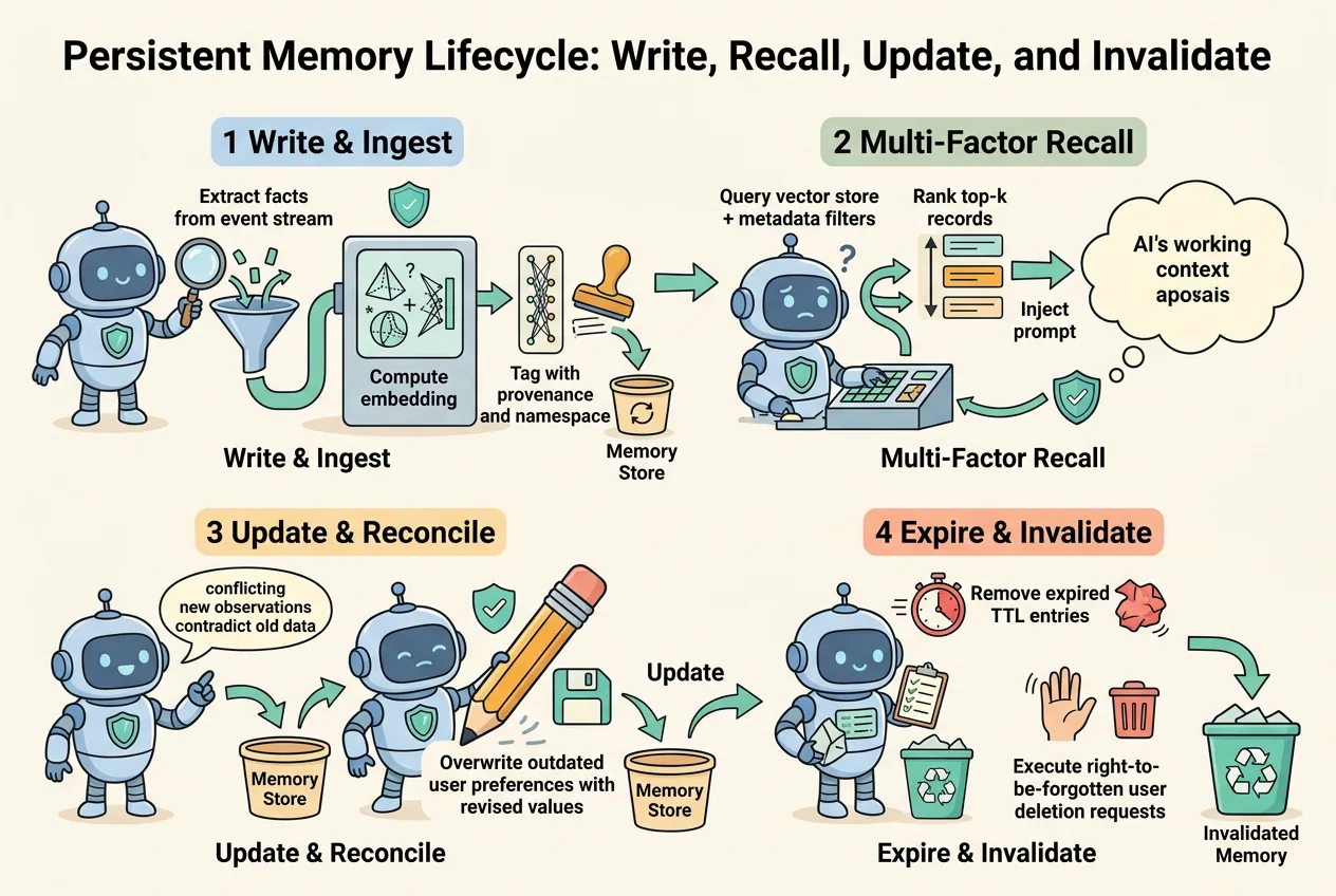 The persistent memory lifecycle shows write and ingest, multi-factor recall, update and reconcile, and expire and invalidate stages.