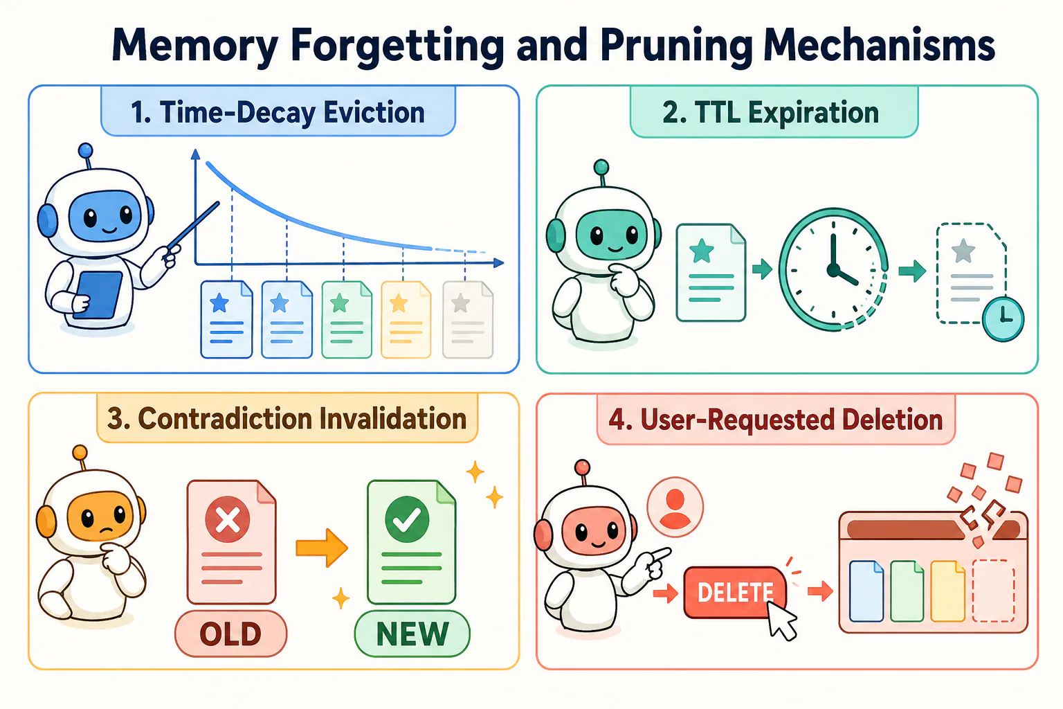 Memory Forgetting and Pruning Mechanisms illustrates time-decay eviction, TTL expiration, contradiction invalidation, and right-to-be-forgotten deletion.