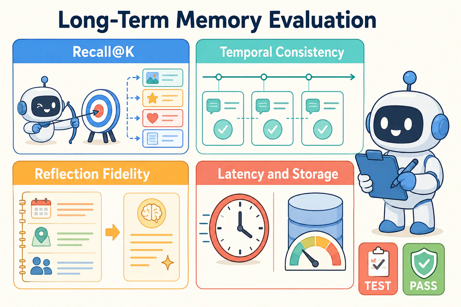Long-Term Memory Evaluation and Benchmark Metrics dashboard showing recall accuracy, temporal consistency, consolidation fidelity, and storage latency.
