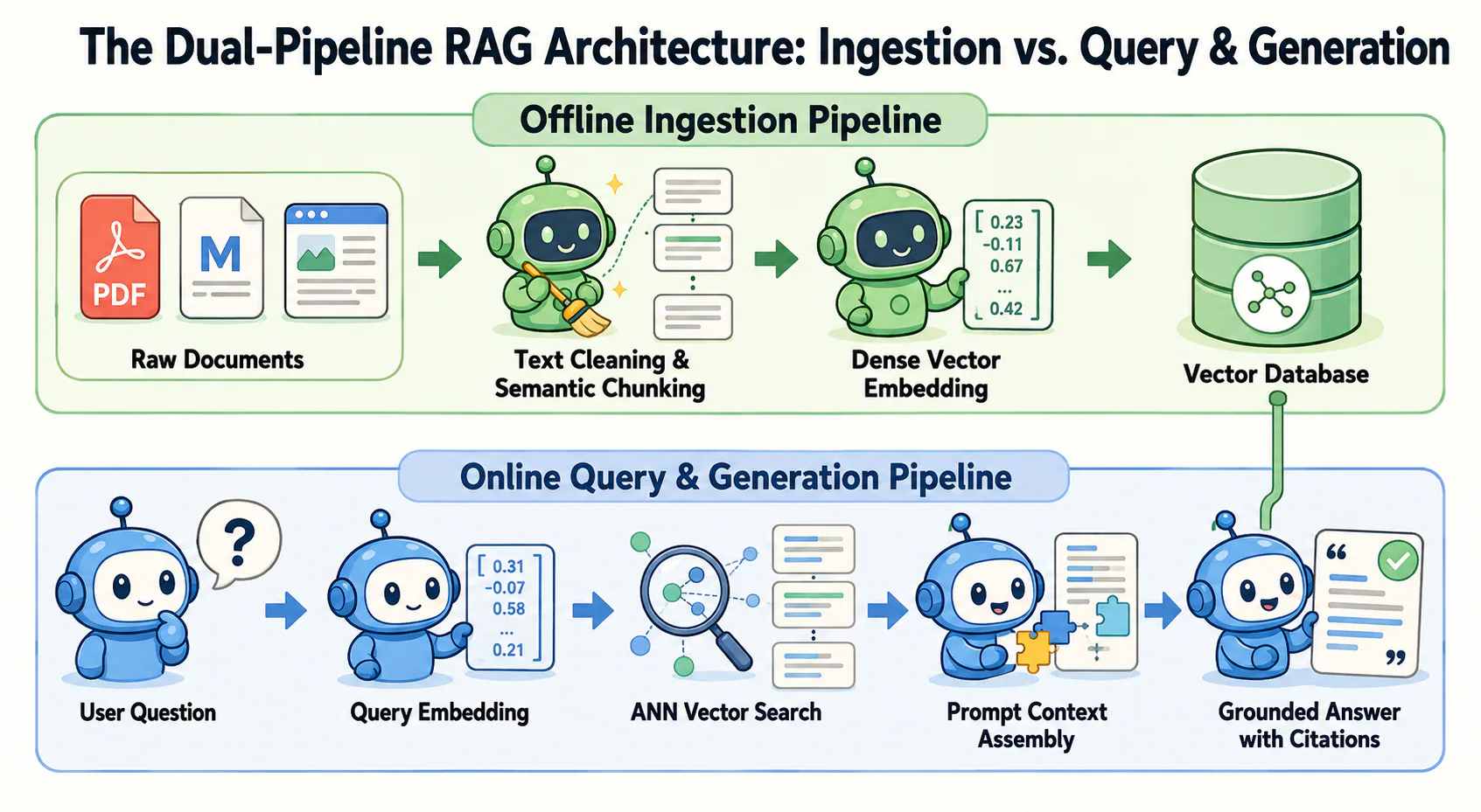 The dual-pipeline RAG architecture separates offline document cleaning, chunking, embedding, and indexing from online query embedding, vector search, context assembly, and grounded answer generation.