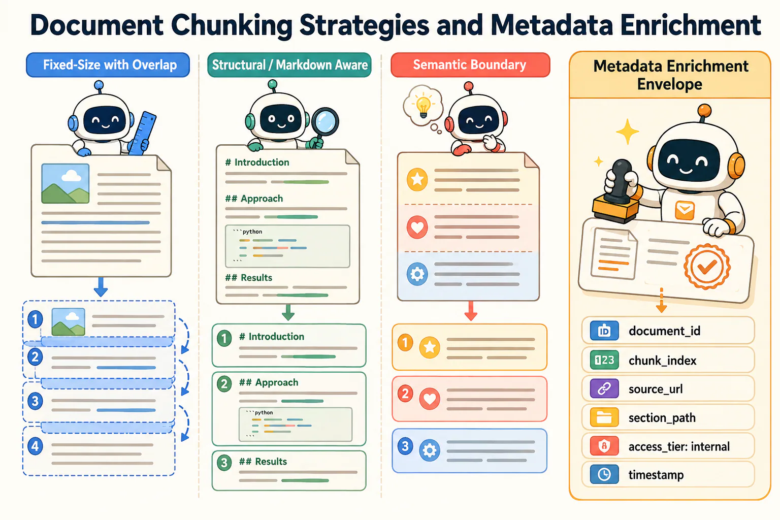 Three document chunking strategies compare overlapping fixed-size windows, structure-aware boundaries, and semantic topic boundaries before metadata is attached to each chunk.