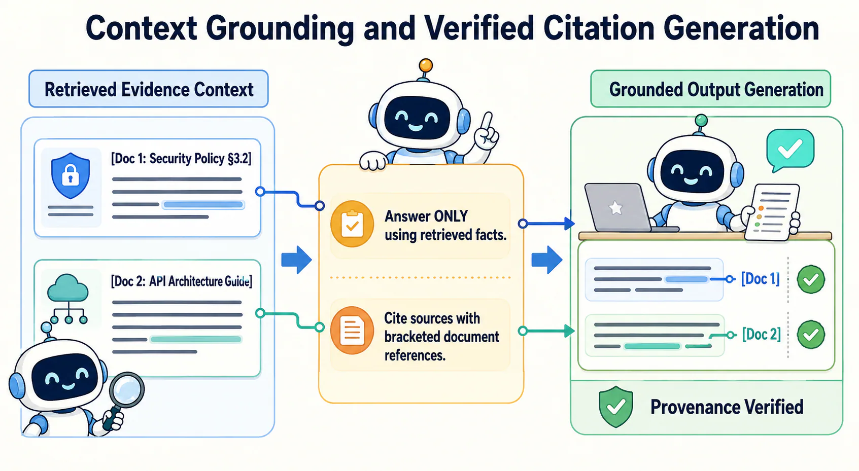 Retrieved evidence cards and explicit grounding instructions flow into an answer whose claims link back to numbered document citations and a provenance verification step.